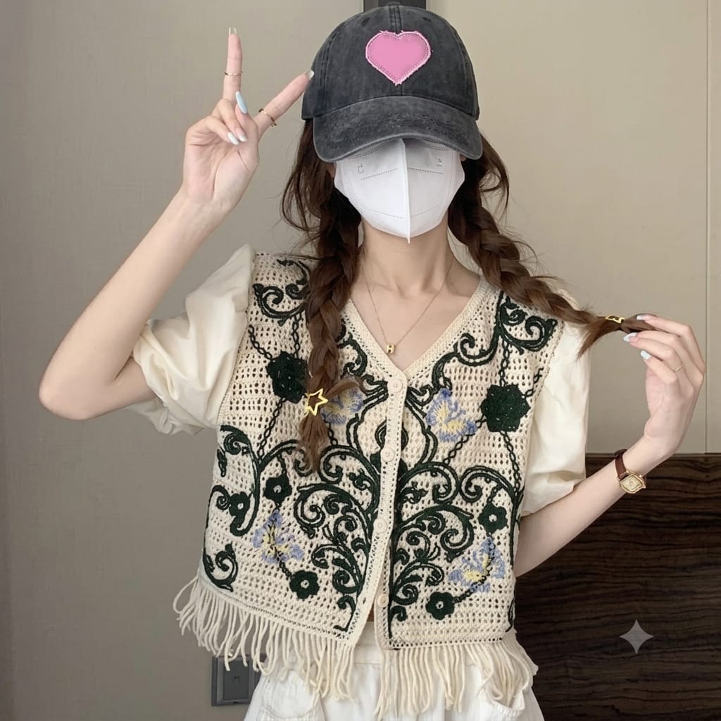 Boho Crochet Tassel Vest Dark Green Baroque Floral