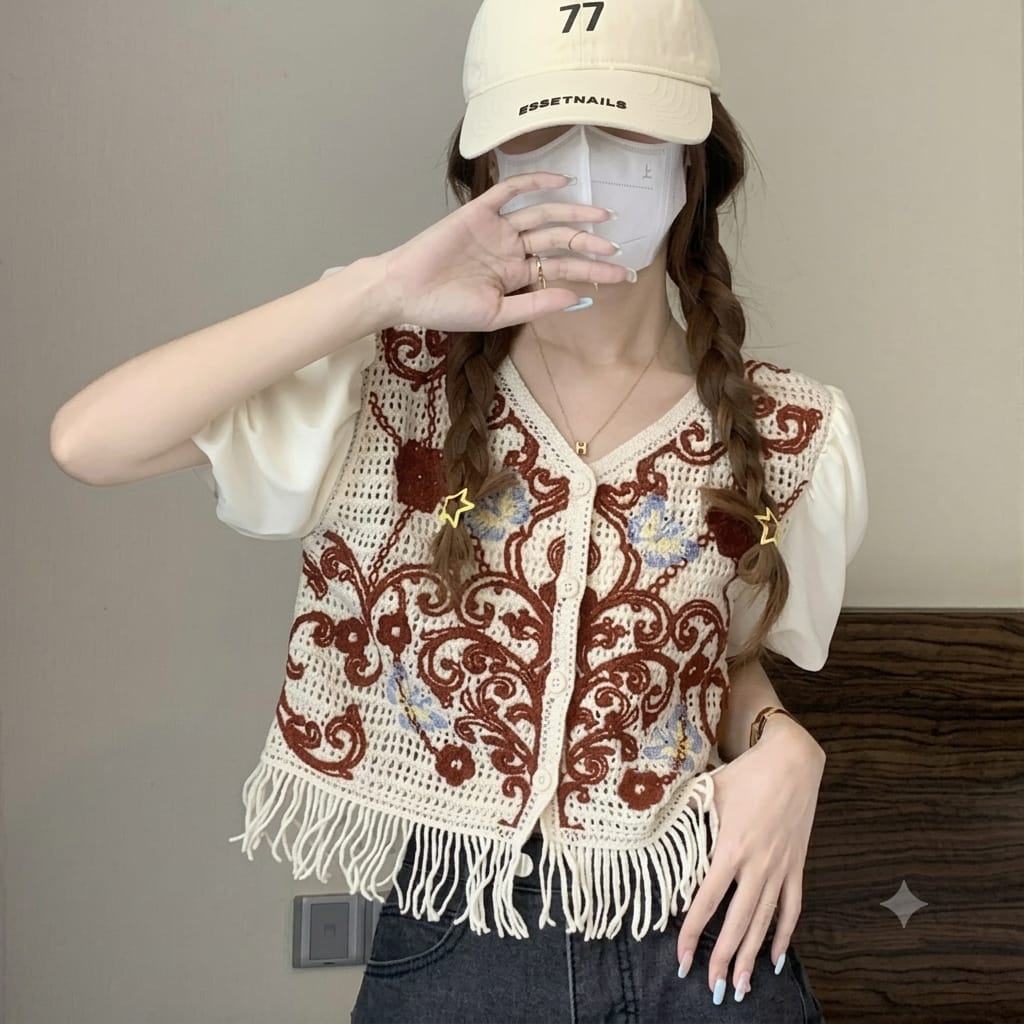 Boho Crochet Fringe Vest Gold Paisley Front