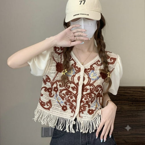 Boho Crochet Fringe Vest Gold Paisley Front