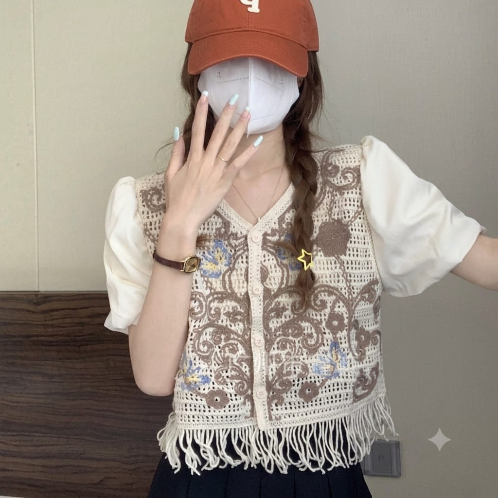 Boho Crochet Fringe Vest Gold Paisley Side