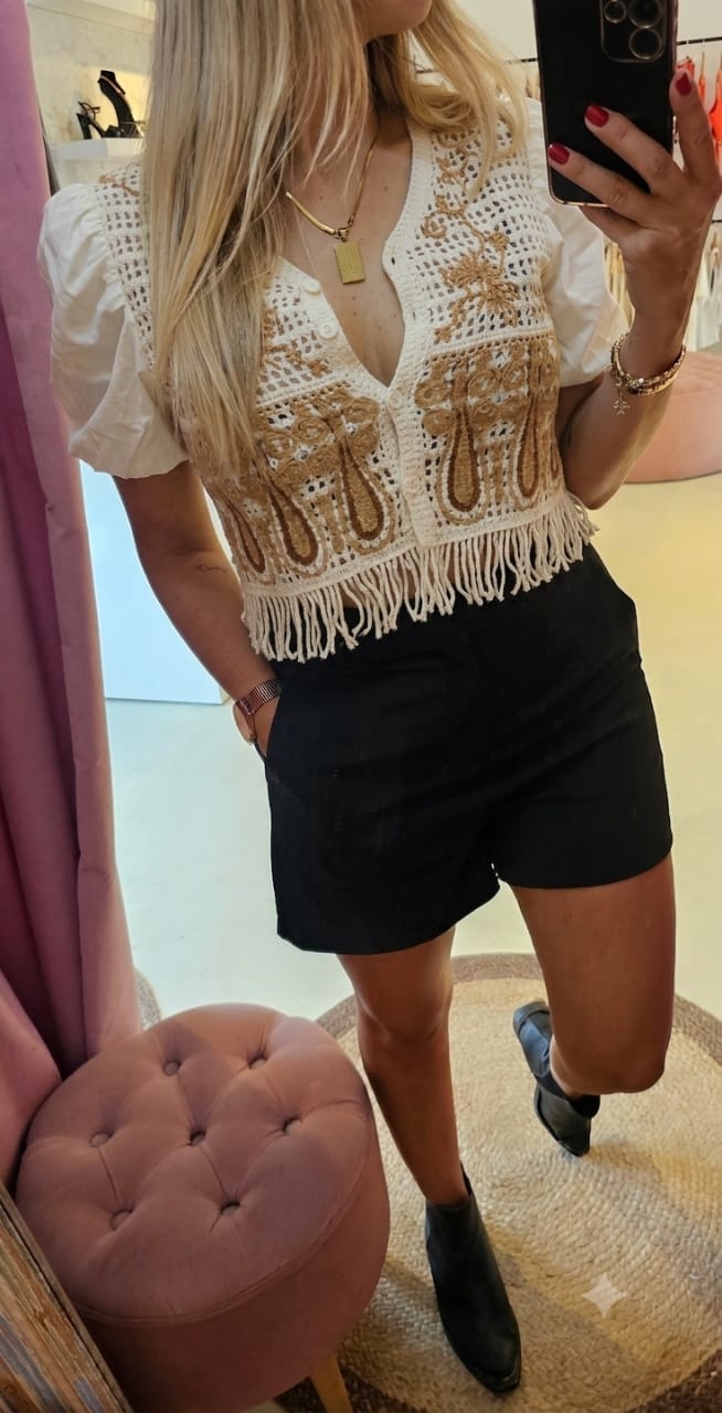 Boho Crochet Fringe Vest Gold Paisley Styled